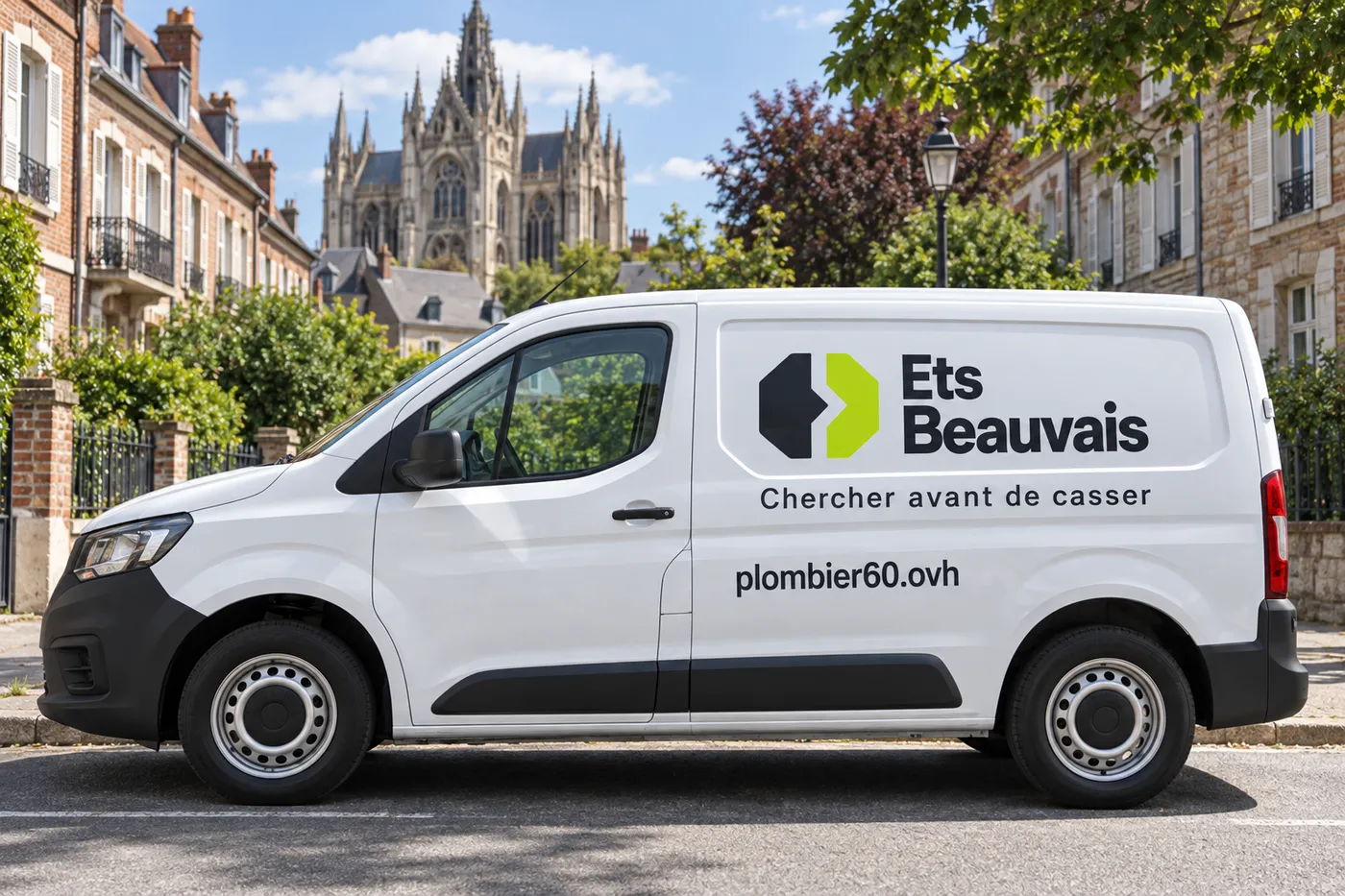 Utilitaire blanc Ets Beauvais marqué plombier60.ovh garé dans une rue de Beauvais, la cathédrale Saint-Pierre en arrière-plan